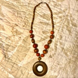 Boho brown and orange wooden beaded necklace